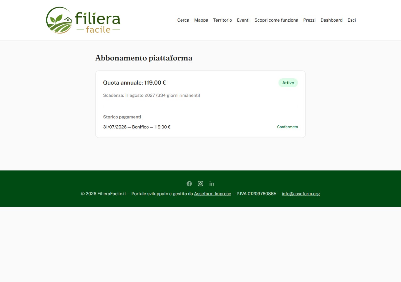 Pagina abbonamento con quota annuale e scadenza