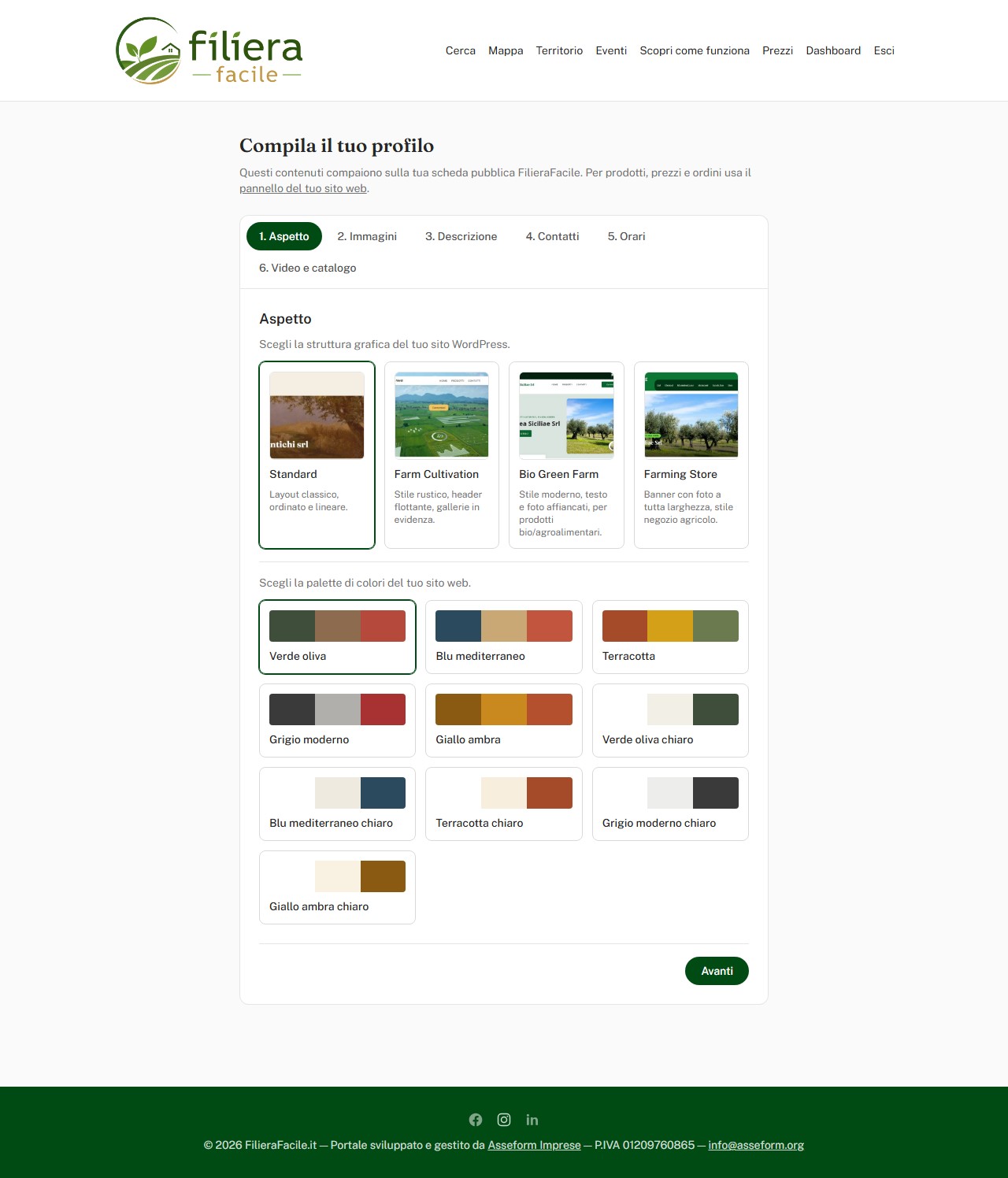 Pannello di personalizzazione del sito: scelta del tema grafico e dei colori