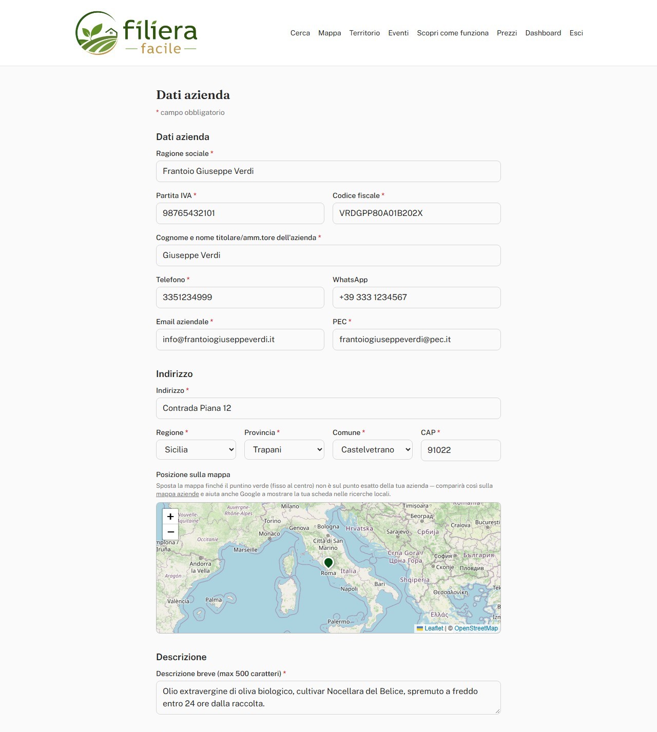 Modulo di registrazione con indirizzo, comune e mappa