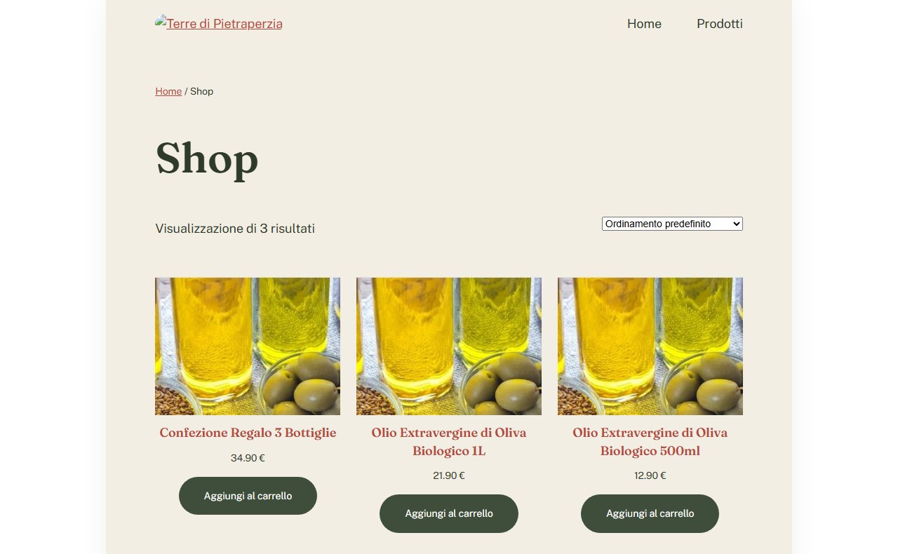 Pagina del negozio online con prodotti di olio extravergine di oliva, prezzo e pulsante aggiungi al carrello